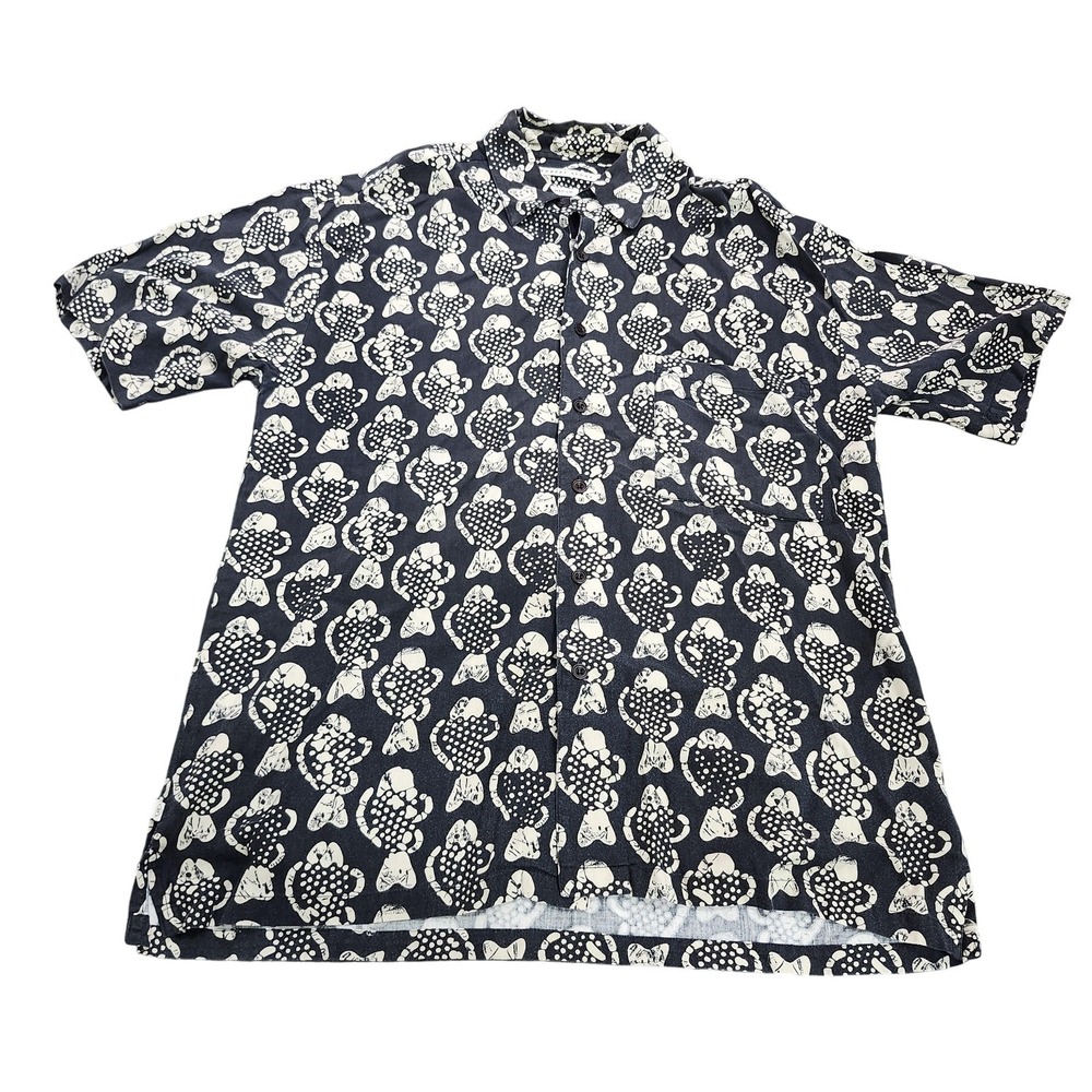 Robert Stock Mens Medium Navy Fish Seashell Print Cotton Rayon Button Down Shirt